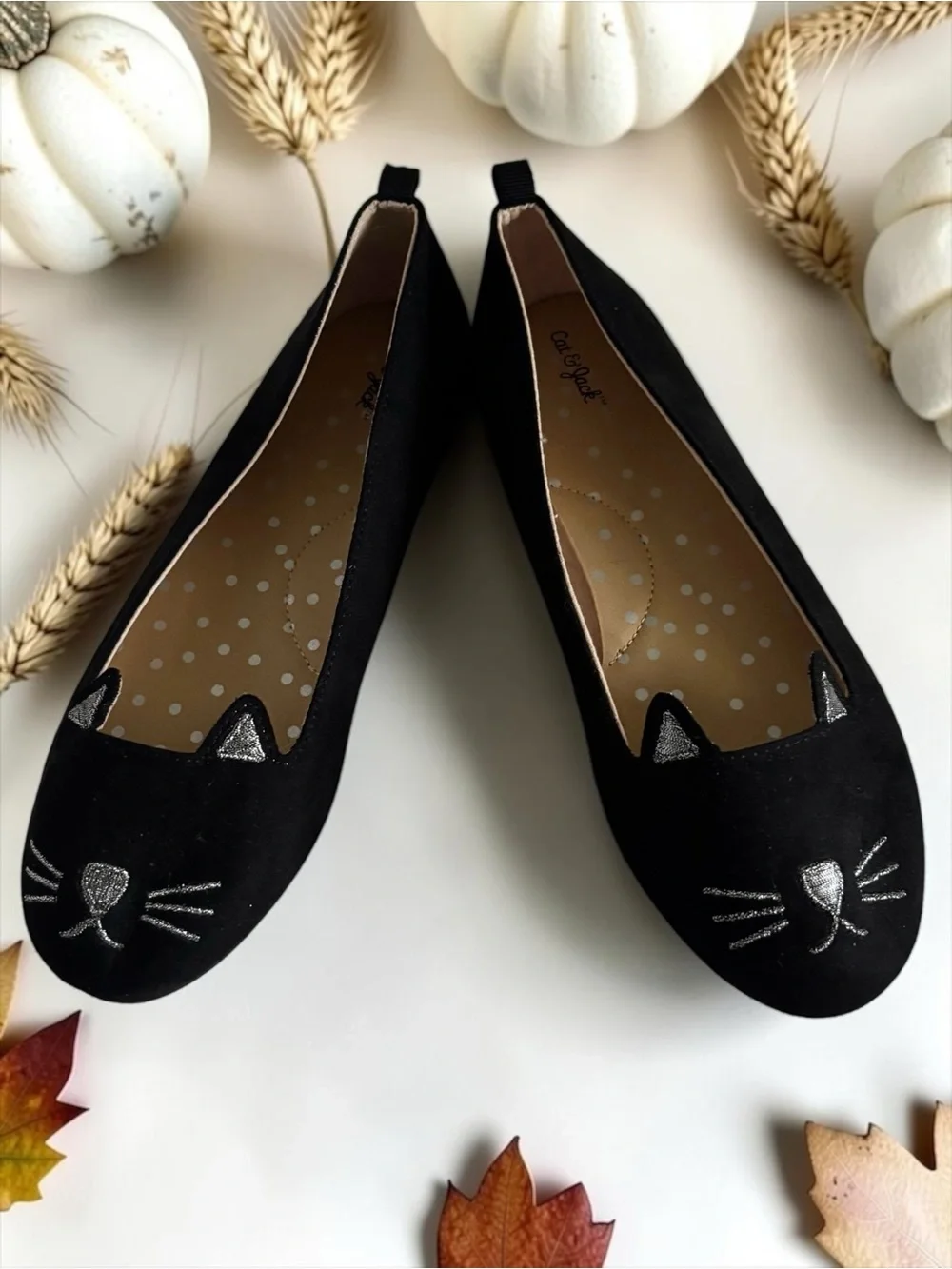 Cat & Jack Big Girls Size 4 Black Cat Face Flats EUC